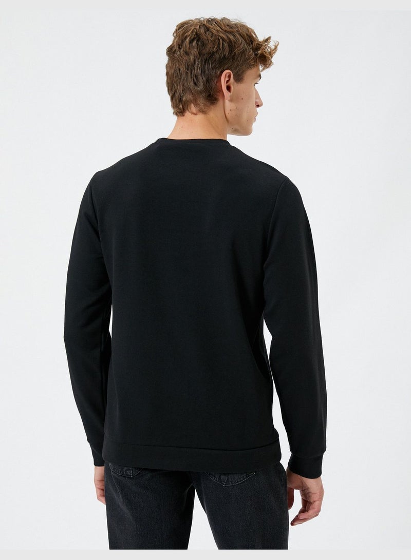 Pocket Detail Minimal Printed Long Sleeve Crew Neck Sweater