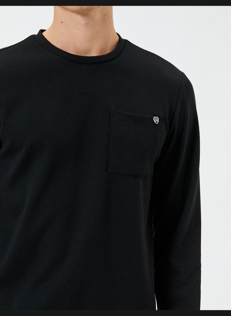 Pocket Detail Minimal Printed Long Sleeve Crew Neck Sweater