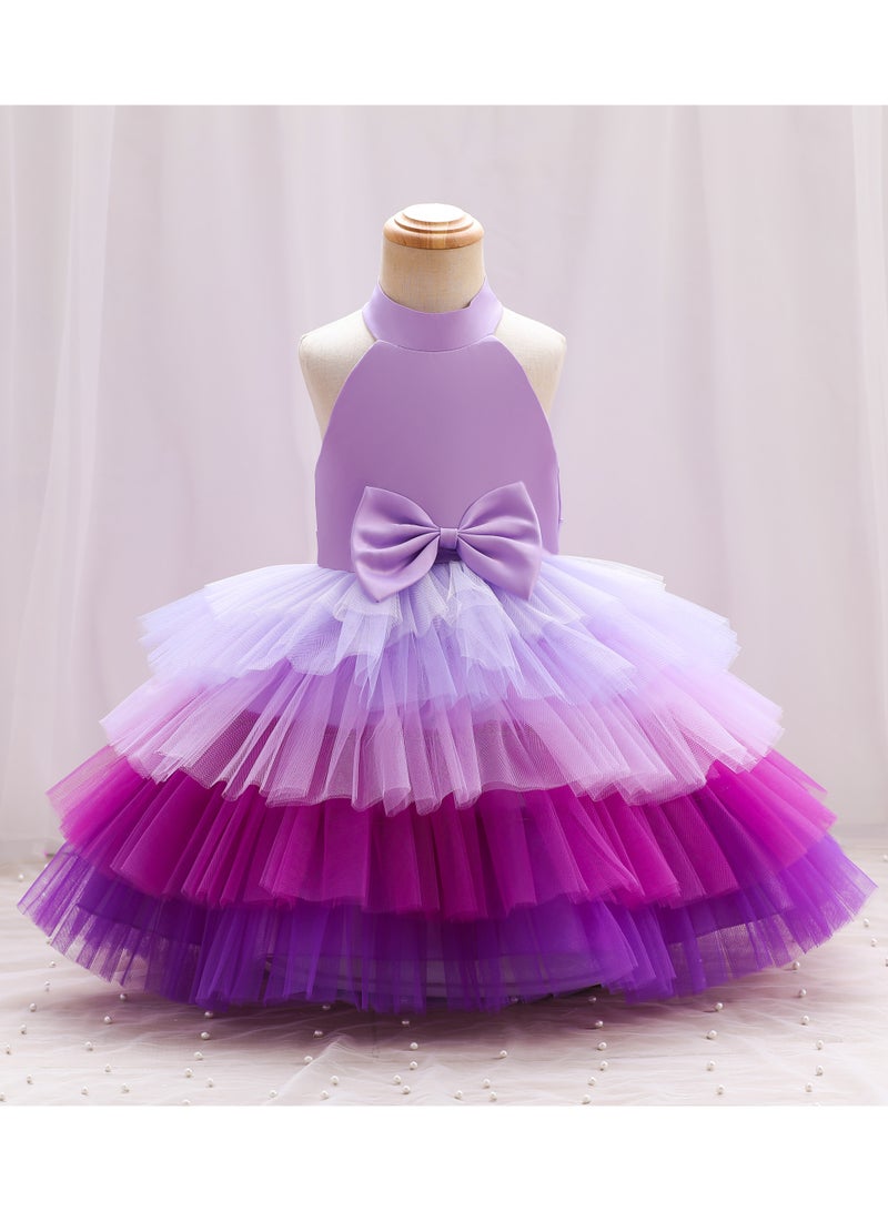 Brisget Girls Bow Front Side Layered Dress - Purple