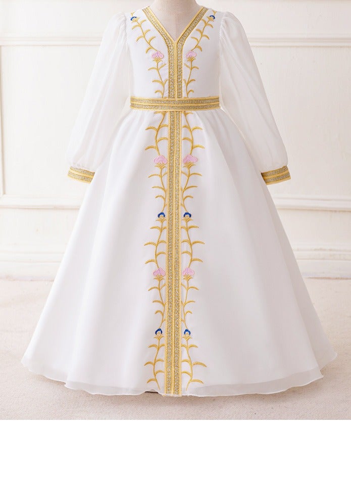 Aria Embroidered White Jalabiya Abaya with Tie-Up Belt and  Sleeves -for Girl