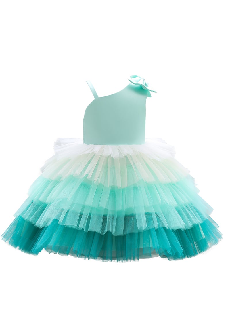 Girls Bow Front Side Layered Dress - Green