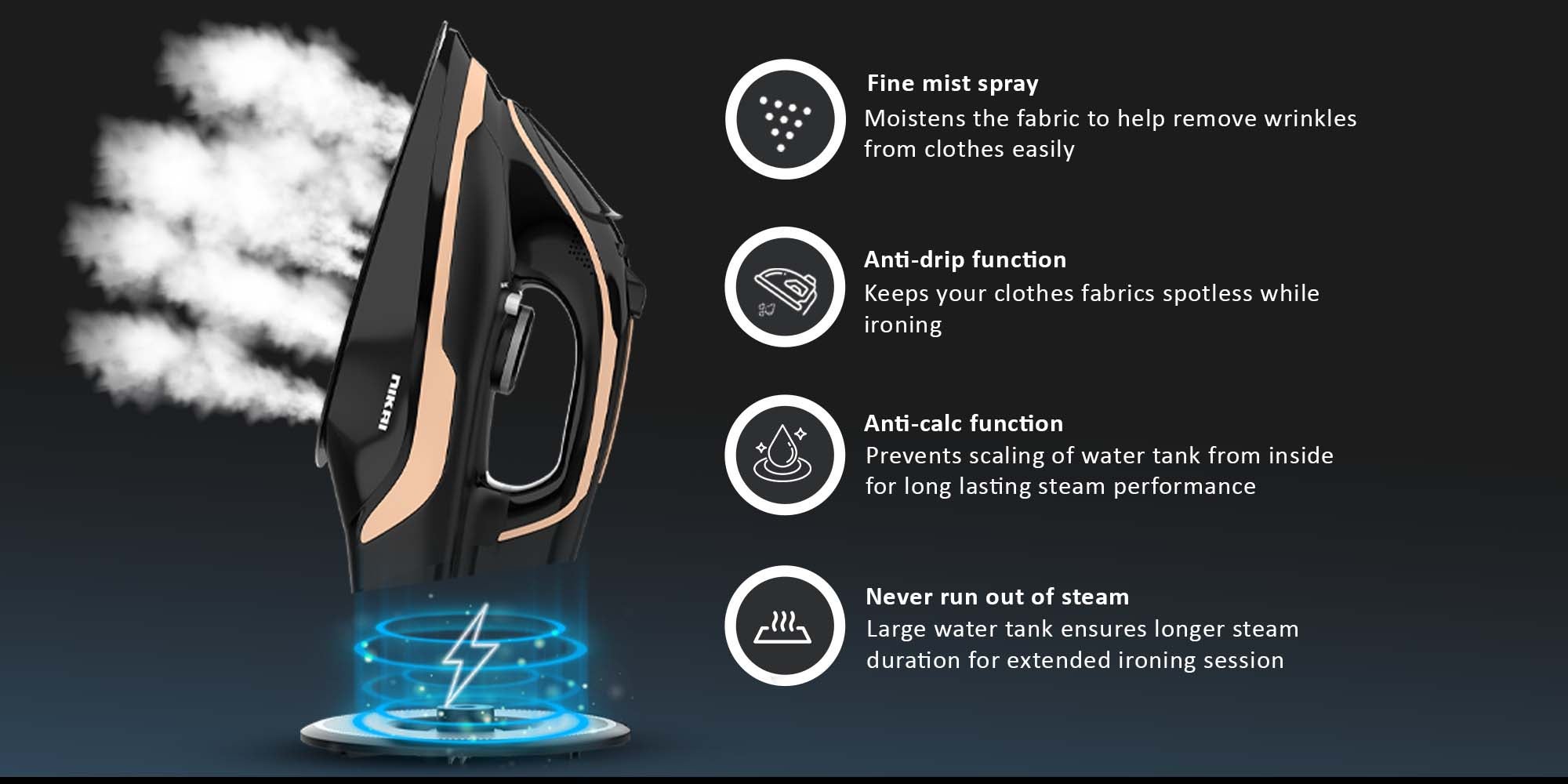 Cordless Steam Iron, Non-Stick Soleplate, Vertical Steam, Adjustable Thermostat, Self-Clean Function, Steam Control, Overheat Protection, 360° Charging Base, Indicator Light 0.01 L 2600 W NSI456C1 Black