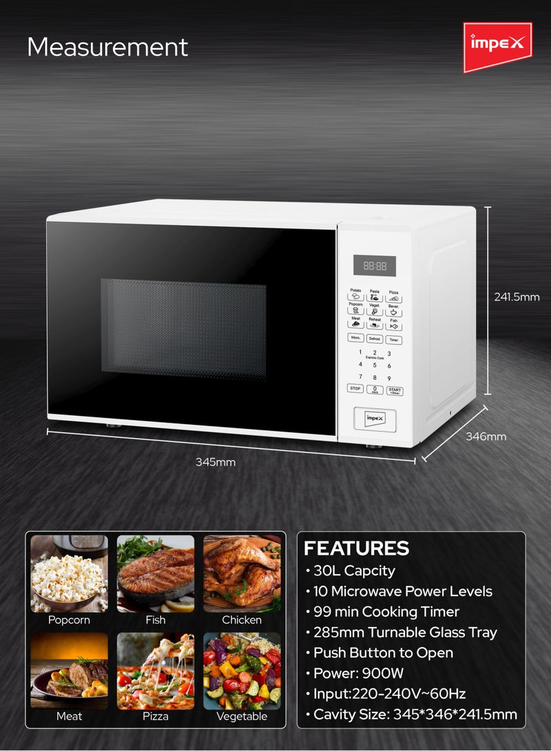 30L Digital Microwave Oven Stylish Push Button Glass Door Multiple Cooking Menus 30 L 900 W MO 8102A White