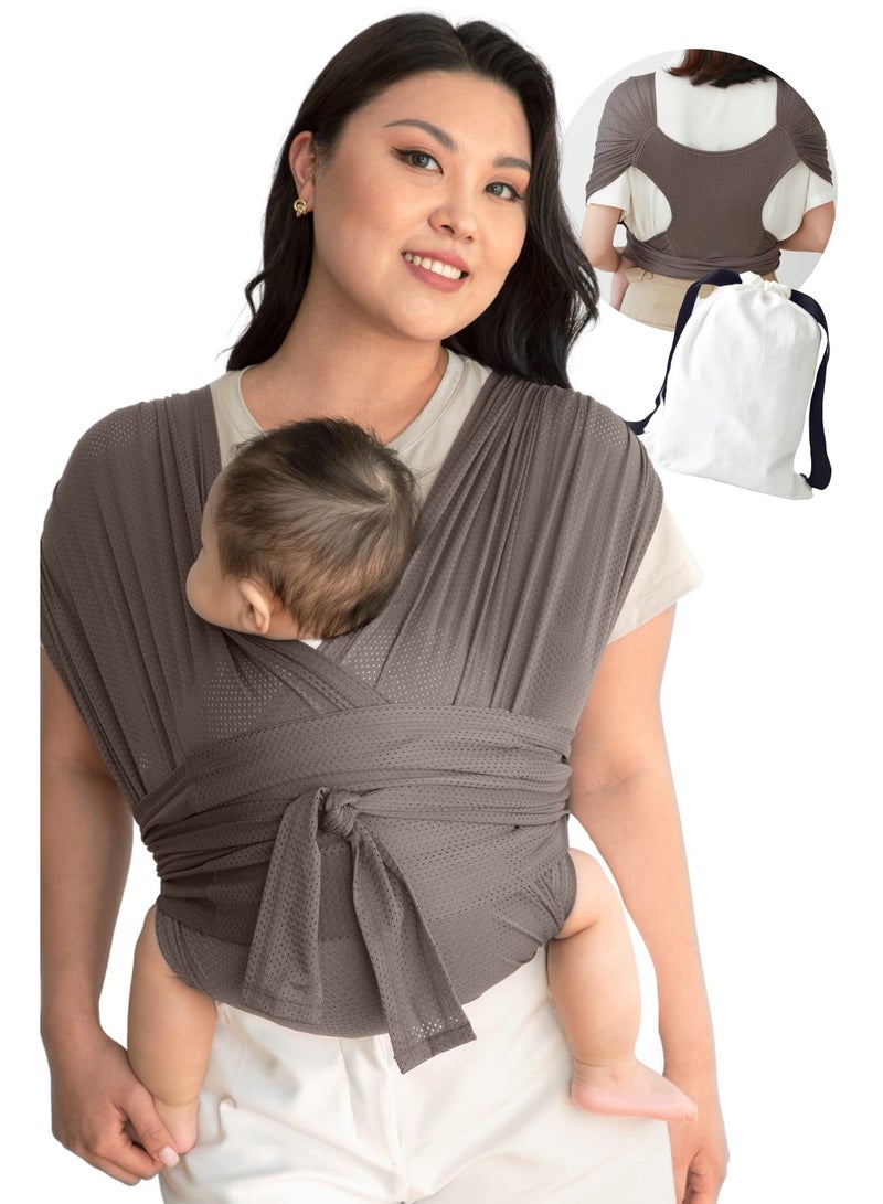 Baby Carrier Wrap Summer Mesh Breathable Baby Carrier Easy to Wear Hands-Free Baby Carrier Moisture Wicking Soft Ideal for Newborns and Kids Under 44lbs (Brown)