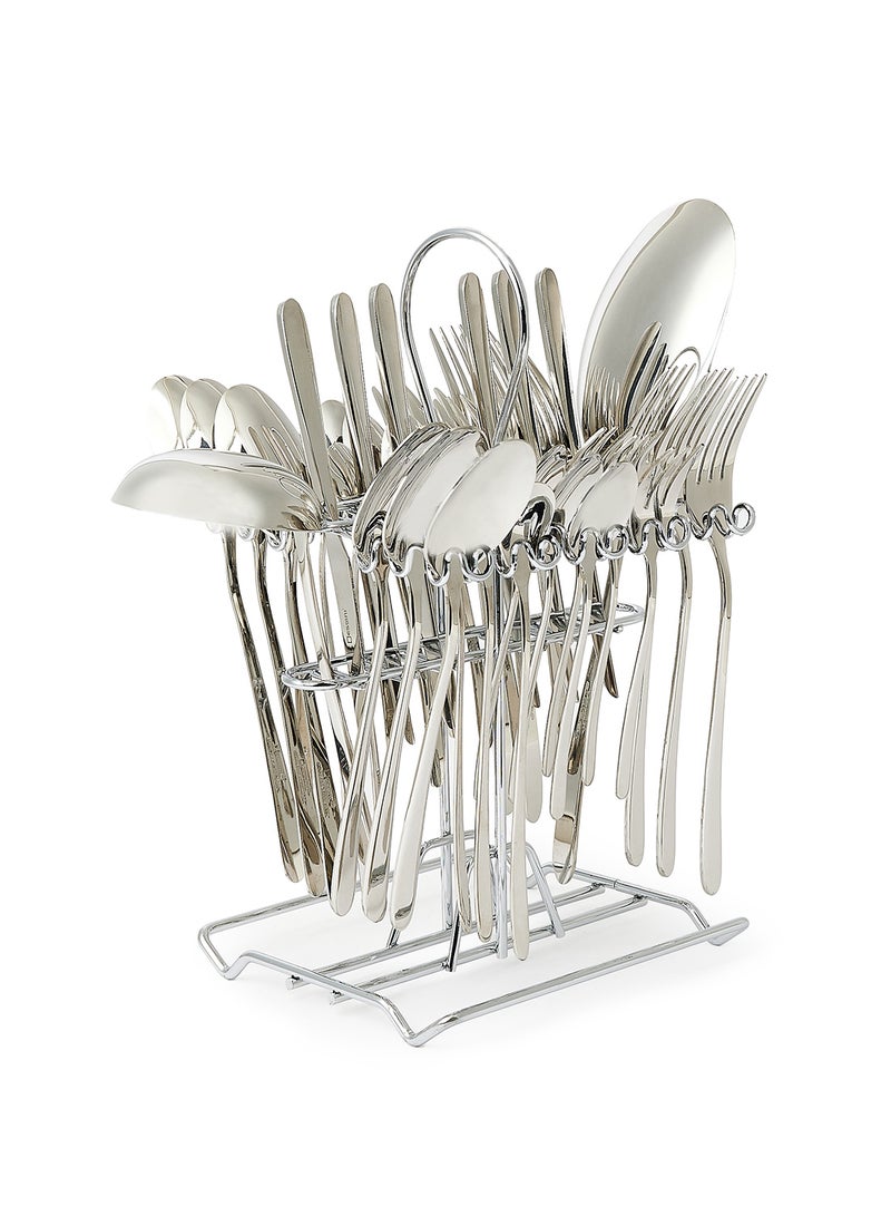 39-Piece Stainless Steel Cutlery Set Includes 6xDinner Spoon, 6xDinner Fork, 6xTea Spoon,6xCake Fork, 6xFruit Knife, 6xIce Spoon, 1xSoup Ladle, 1xRice Server, 1xCutlery Stand Silver