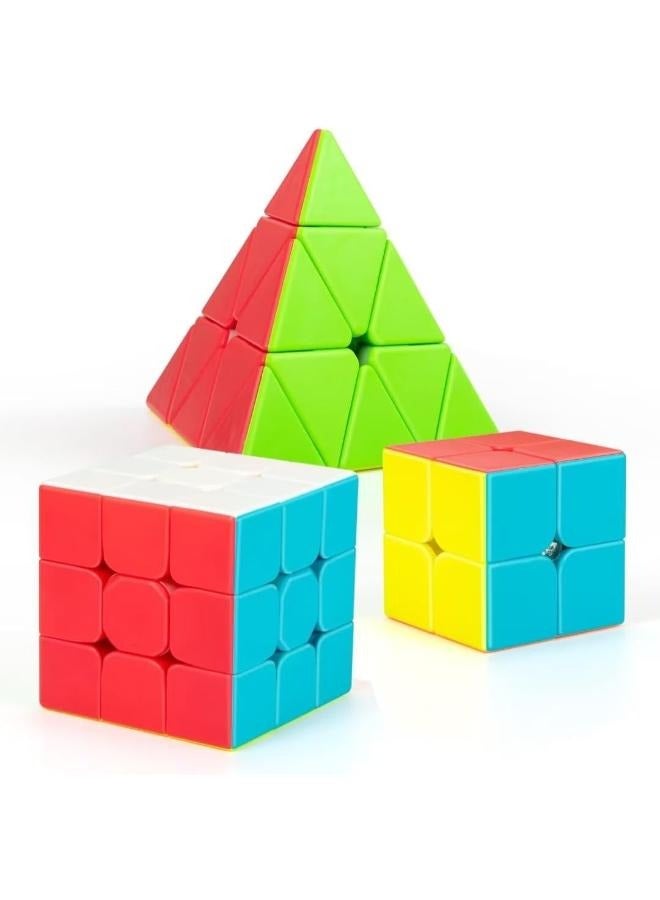 3 Pieces Speed Cube Set Stickerless Magic Cube Set of 2x2x2 3x3x3 Pyramid Frosted Puzzle Cube