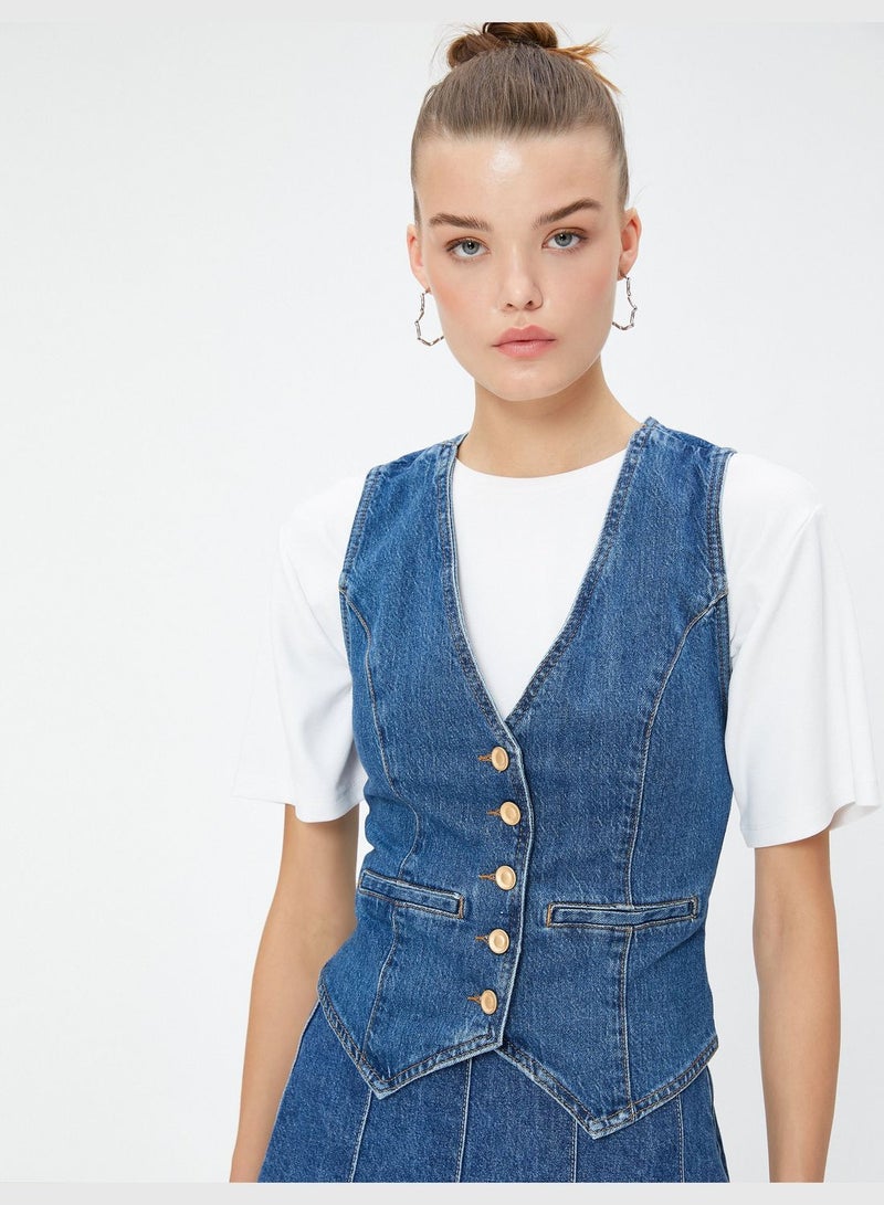 Cotton Pocket Detail Buttoned V Neck Jean Vest