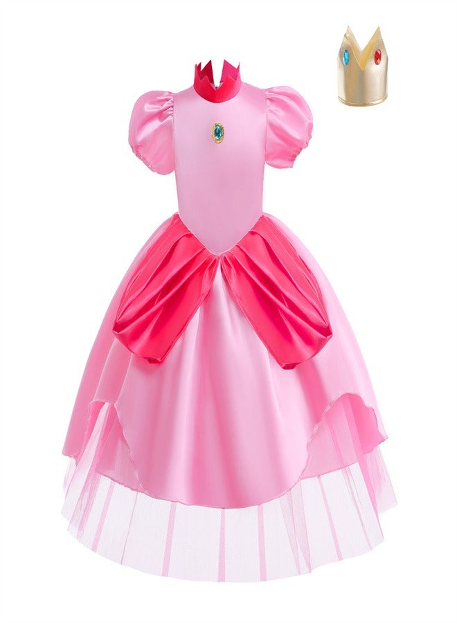 High Quality Pink Short Sleeved Girl Princess Dress+Crown
