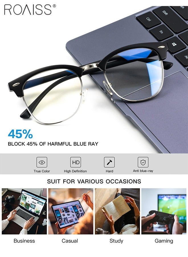 Retro Semi Rimless Blue Light Blocking Glasses Blue Light Filter Computer Reading Gaming TV Phones Square Eyeglasses Fashion Anti Eyestrain Headache Eyewear for Men Women Black Silver 50mm