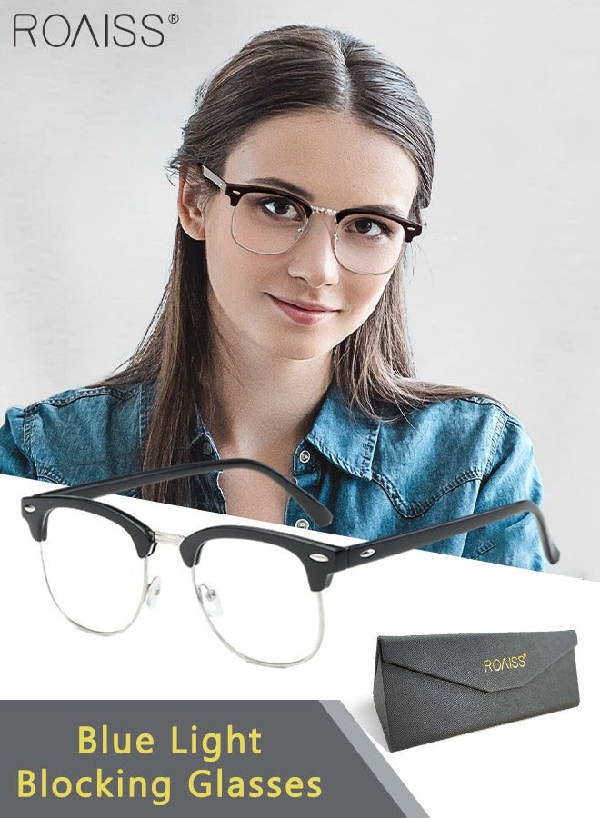 Retro Semi Rimless Blue Light Blocking Glasses Blue Light Filter Computer Reading Gaming TV Phones Square Eyeglasses Fashion Anti Eyestrain Headache Eyewear for Men Women Black Silver 50mm