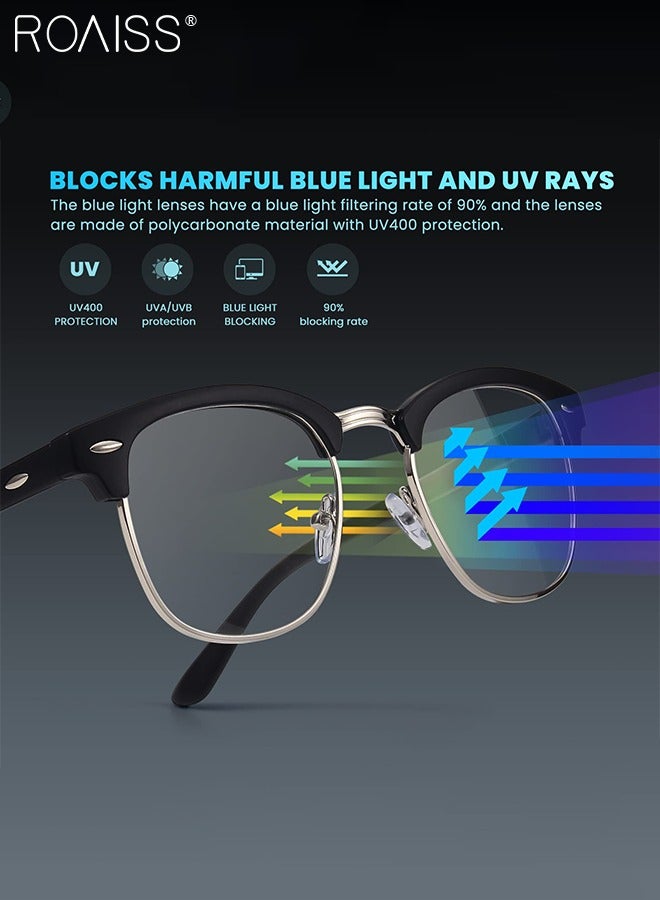 Retro Semi Rimless Blue Light Blocking Glasses Blue Light Filter Computer Reading Gaming TV Phones Square Eyeglasses Fashion Anti Eyestrain Headache Eyewear for Men Women Black Silver 50mm