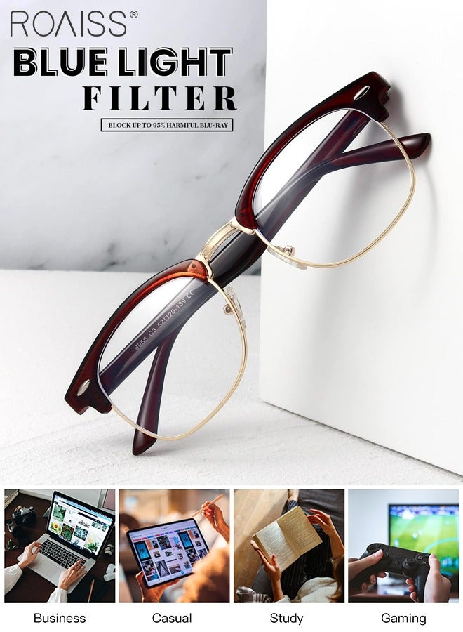 Retro Semi Rimless Blue Light Blocking Glasses Blue Light Filter Computer Reading Gaming TV Phones Square Eyeglasses Fashion Anti Eyestrain Headache Eyewear for Men Women Brown Gold 50mm