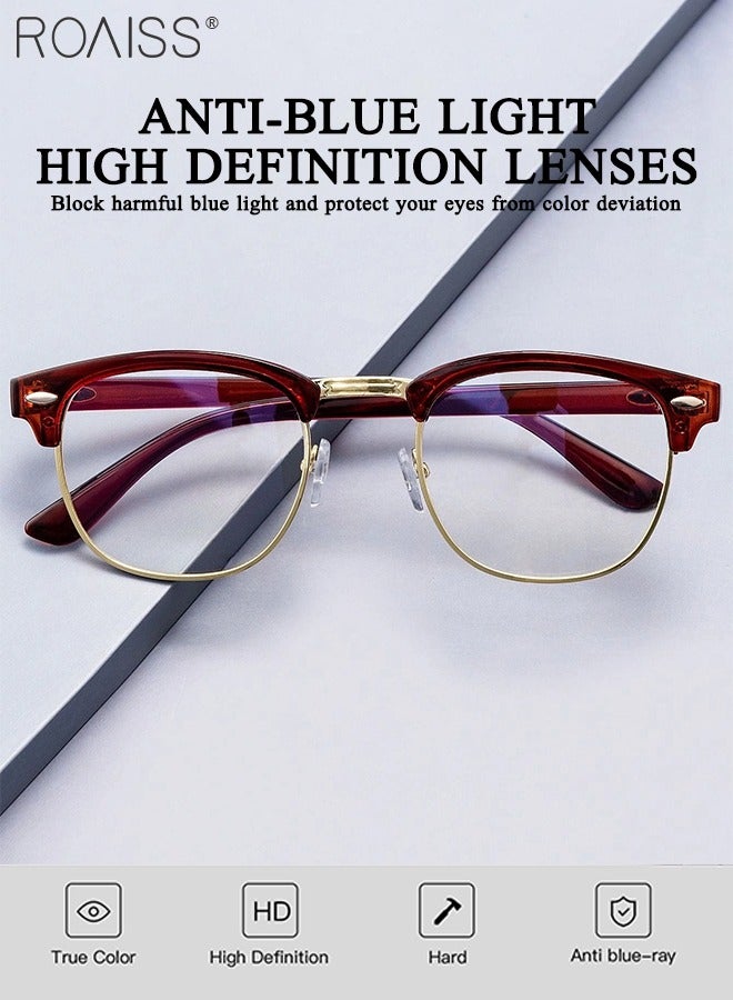 Retro Semi Rimless Blue Light Blocking Glasses Blue Light Filter Computer Reading Gaming TV Phones Square Eyeglasses Fashion Anti Eyestrain Headache Eyewear for Men Women Brown Gold 50mm
