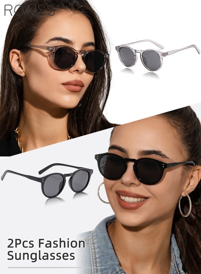 2Pcs Round Sunglasses for Men Women, UV400 Protection Sun Glasses, Fashion Decorative Eyewear for Outdoor Party Street Photography, Black and Grey