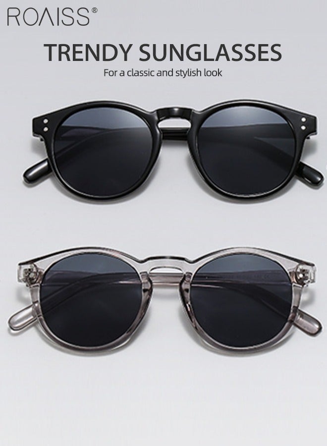 2Pcs Round Sunglasses for Men Women, UV400 Protection Sun Glasses, Fashion Decorative Eyewear for Outdoor Party Street Photography, Black and Grey