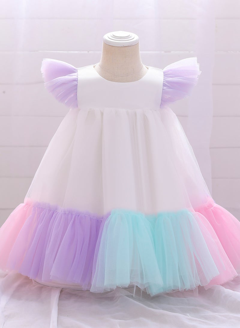 Toddler Girls Contrast Mesh Ruffle Trim Colorblock Flounce Hem Gown Dress