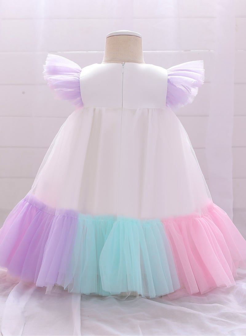 Toddler Girls Contrast Mesh Ruffle Trim Colorblock Flounce Hem Gown Dress