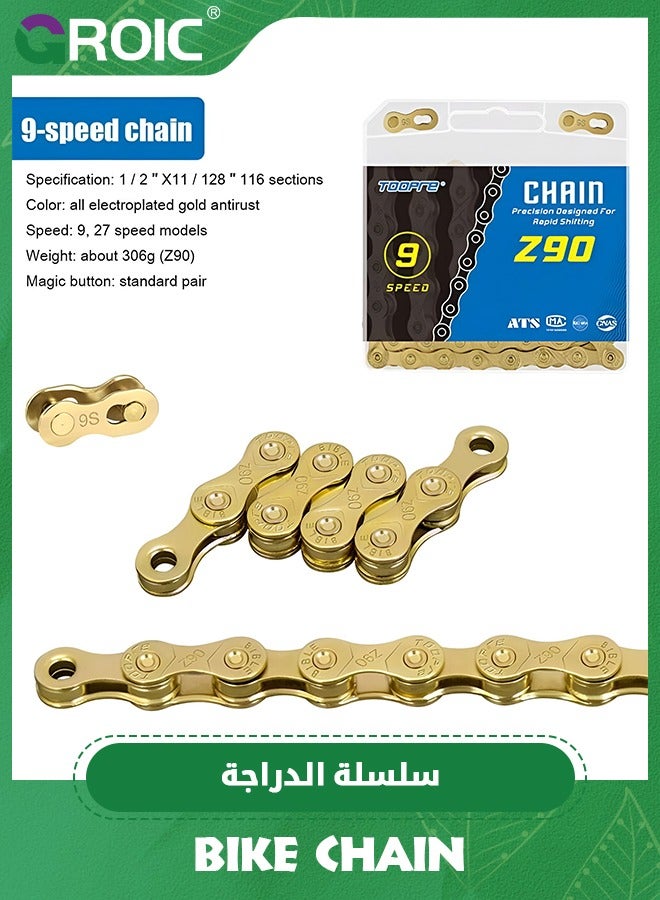 Bike Chain 9 Speed 116 Links Half Hollow Lightweight Sports Bicycle Chains 116 Links with Reserve Missing Link for Road Bike/MTB/BMX Chain