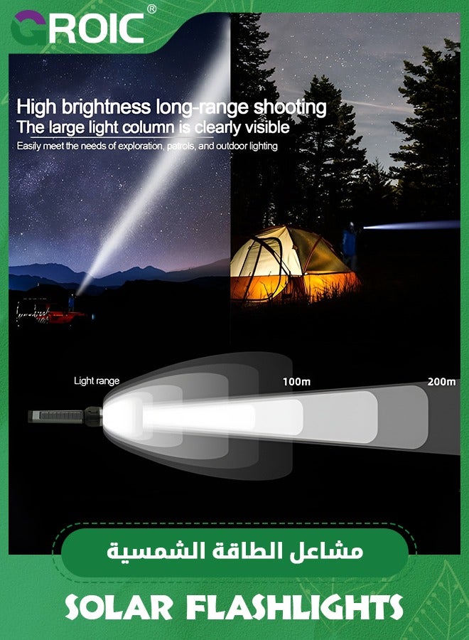 Solar Rechargeable Handheld Flashlight, Led Flashlight High Lumens Super Bright with Side Light & Compass,  Portable Searchlight Waterproof 1200 mAh for Mining,Camping, Hiking, Fishing