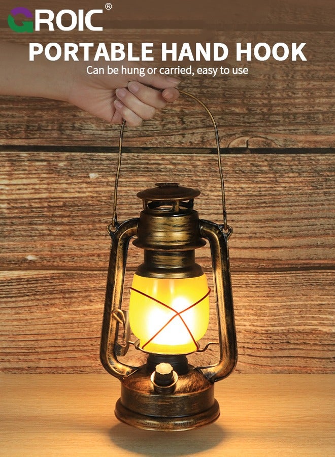 Vintage Lantern LED Battery Powered Camping Lamp Outdoor Hanging Lantern Flickering Flame Rechargeable Retro Lanterns 3 Modes Light Knob Stepless Dimming