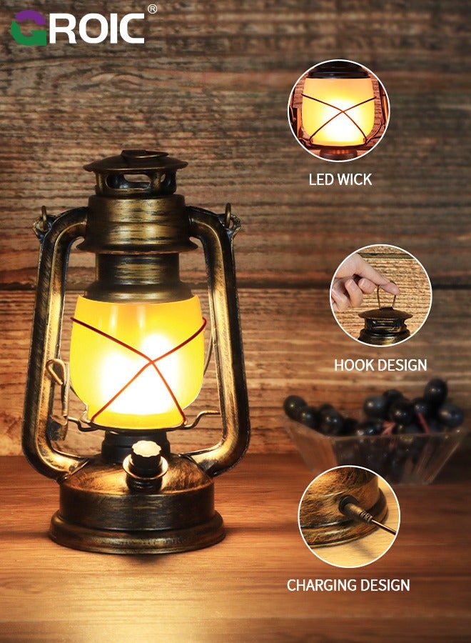 Vintage Lantern LED Battery Powered Camping Lamp Outdoor Hanging Lantern Flickering Flame Rechargeable Retro Lanterns 3 Modes Light Knob Stepless Dimming