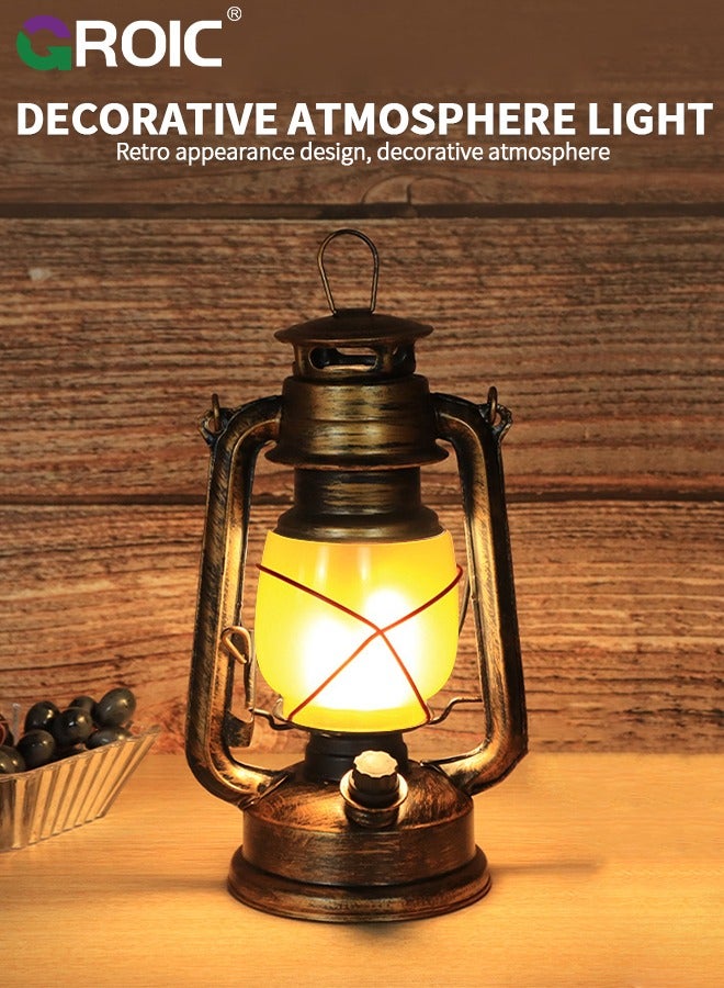 Vintage Lantern LED Battery Powered Camping Lamp Outdoor Hanging Lantern Flickering Flame Rechargeable Retro Lanterns 3 Modes Light Knob Stepless Dimming