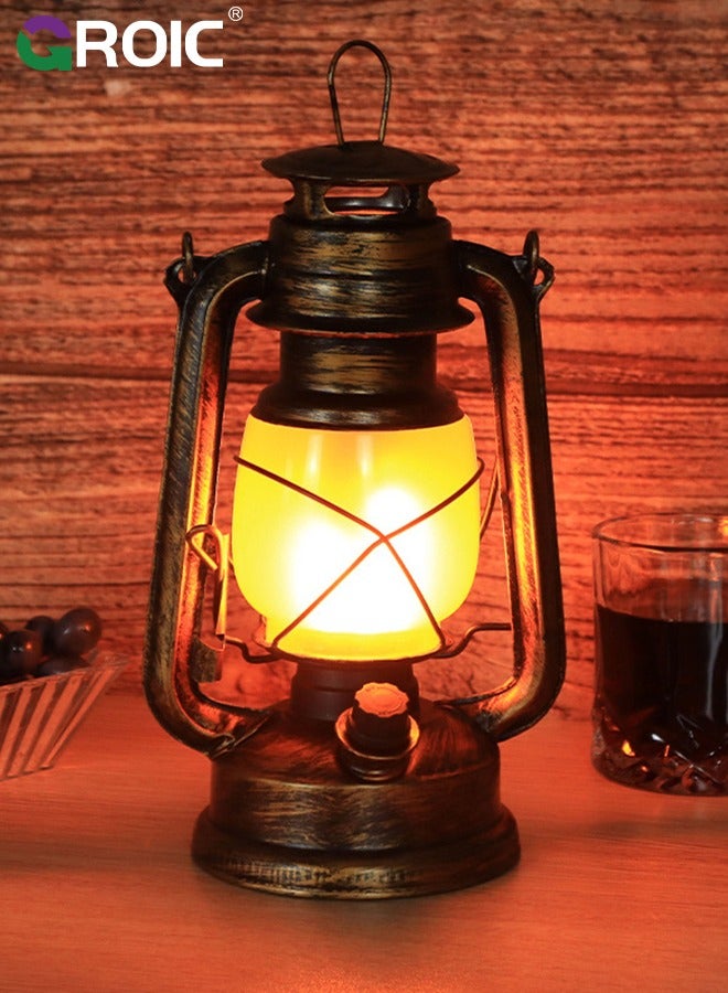 Vintage Lantern LED Battery Powered Camping Lamp Outdoor Hanging Lantern Flickering Flame Rechargeable Retro Lanterns 3 Modes Light Knob Stepless Dimming