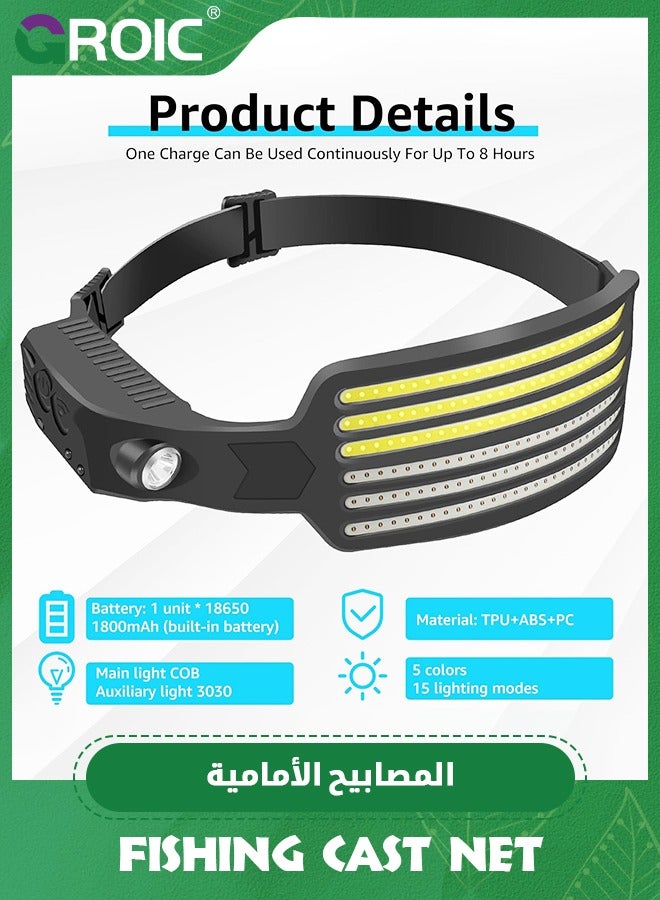 Rechargeable Headlamp, 230°Wide Angle 5*Colors Light LED Head Lamp with Motion Sensor Waterproof Headlight for Camping Fishing Hiking Outdoor, LED Head Lamp, Frontale Rechargeable