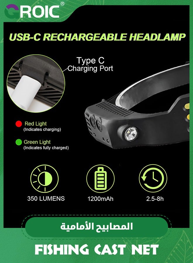 Rechargeable Headlamp, 230°Wide Angle 5*Colors Light LED Head Lamp with Motion Sensor Waterproof Headlight for Camping Fishing Hiking Outdoor, LED Head Lamp, Frontale Rechargeable