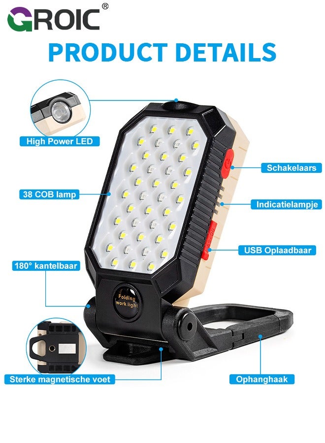 Led Work Light Rechargeable 2200mAh Portable Magnetic Work Light 5V 1200 Lumens Job Site Lighting for Camping, Hiking, Fishing, Car Repairing, and Emergency