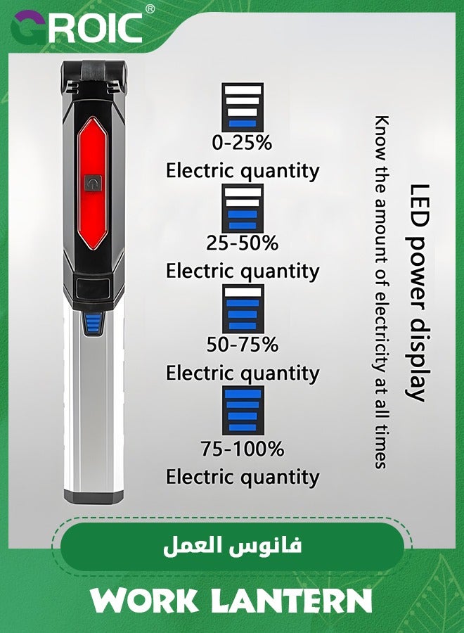 Work Light, Rechargeable LED Work Light 1500 Lumens, Portable Flashlight 180° Rotate 3 Modes, with 3 Magnetic Base and Hook Mechanic Light, for Car Repairing/Under Hood/Emergency