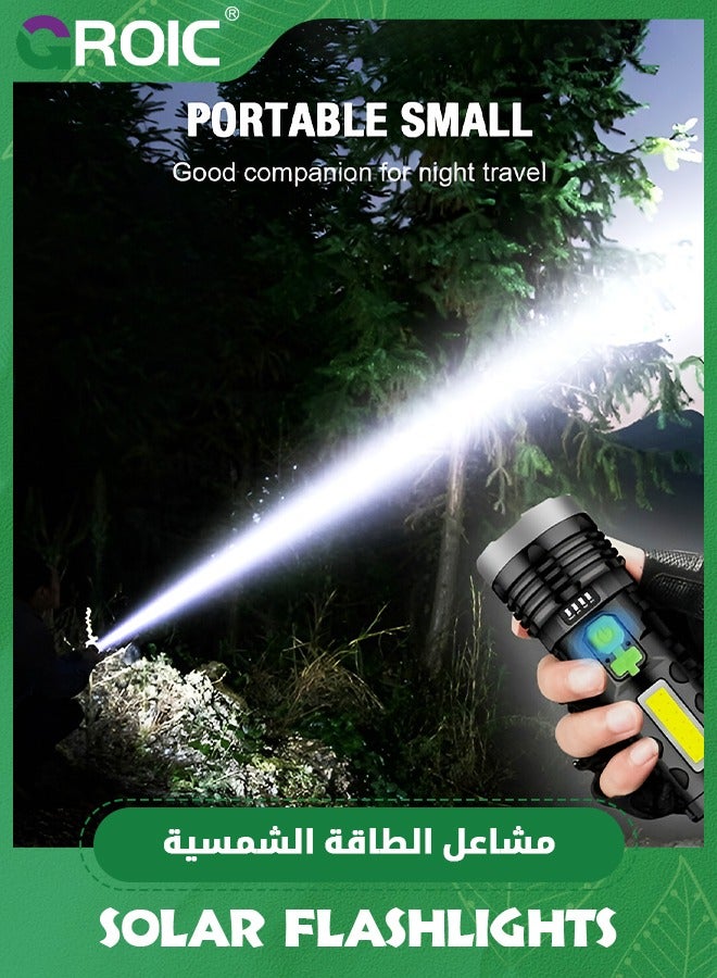 Led Rechargeable Flashlights, Solar Flashlights Rechargeable, 1000 Lumens Bright LED Solar Powered Flashlight with USB Charger, Waterproof Handheld Flashlights with 4 Mode for Emergencies Walking