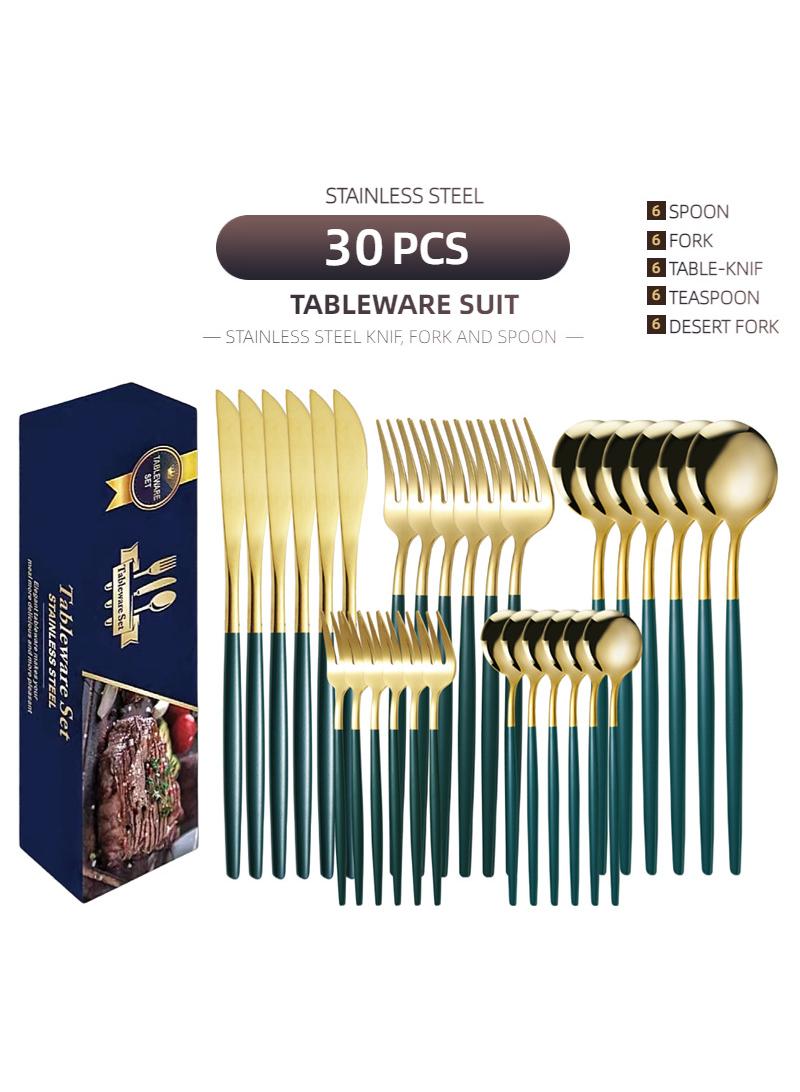 30-Piece Knife Fork Spoon Full Set Gold/Green