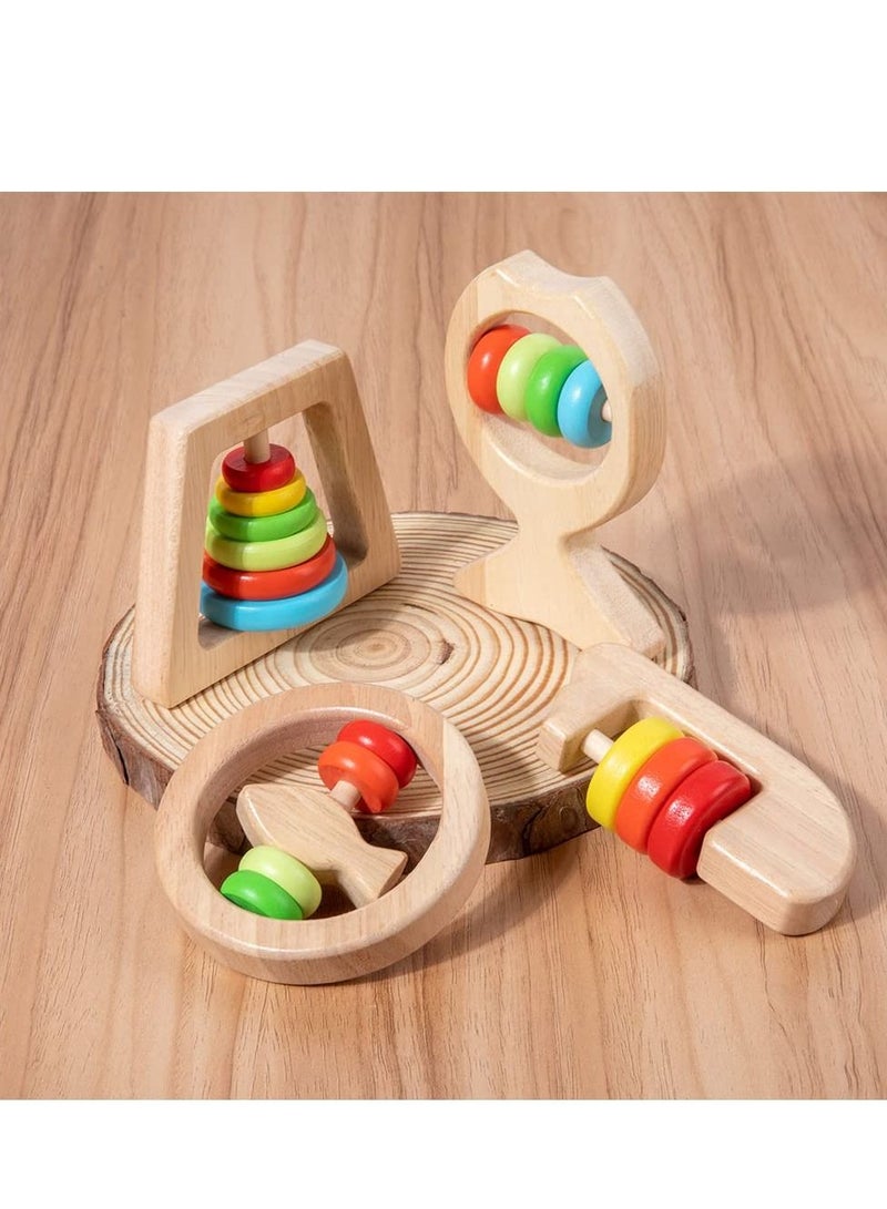 Baby Wooden Rattle Toy Set, 4Pcs Rainbow Color Shaker Bell Infant Sensory Development Toys Set for Baby, Toddler