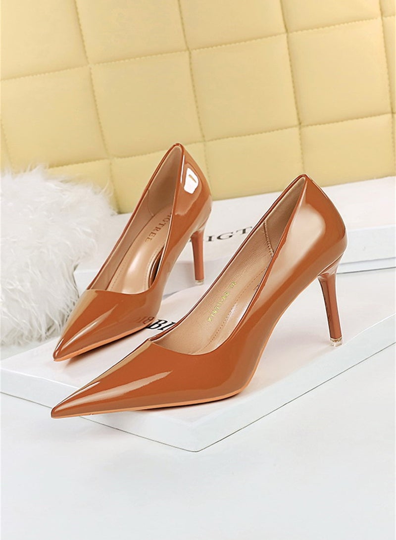 7.5cm Fashion Simple Slim Heels High Heels Bright Surface Patent Leather Shallow Mouth Pointed Women's Heels Nave Brown