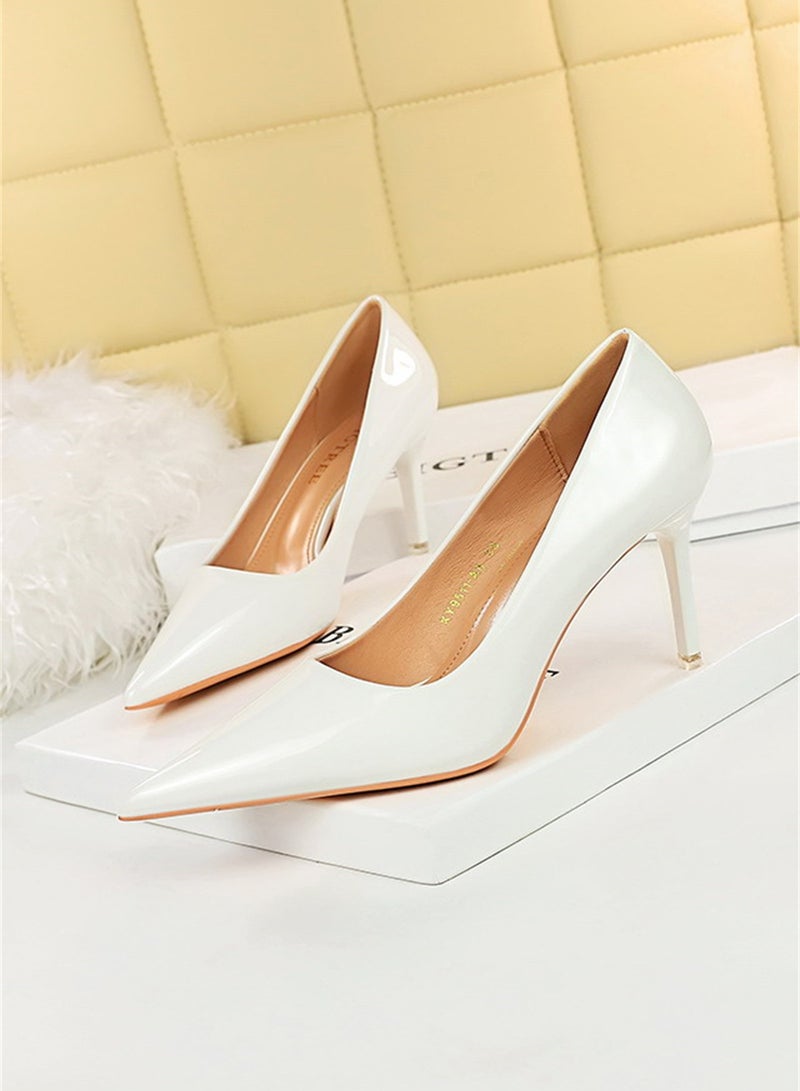 7.5cm Fashion Simple Slim Heels High Heels Bright Surface Patent Leather Shallow Mouth Pointed Women's Heels White