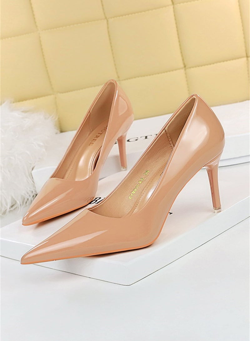 7.5cm Fashion Simple Slim Heels High Heels Bright Surface Patent Leather Shallow Mouth Pointed Women's Heels Pink