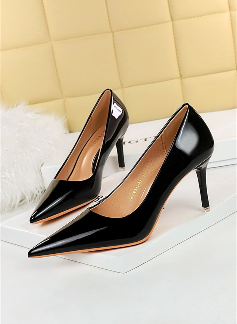 7.5cm Fashion Simple Slim Heels High Heels Bright Surface Patent Leather Shallow Mouth Pointed Women's Heels Black