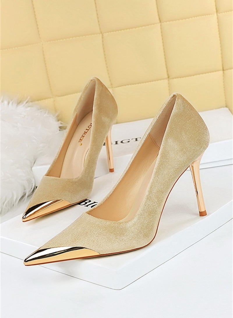 10cm Banquet Fashion Light Luxury High-Heeled Stiletto Heels Metal Pointed Suede Women's Shoes Beige