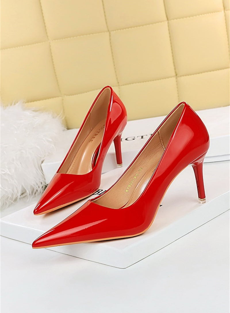7.5cm Fashion Simple Slim Heels High Heels Bright Surface Patent Leather Shallow Mouth Pointed Women's Heels Red