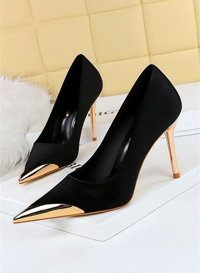 10cm Banquet Fashion Light Luxury High-Heeled Stiletto Heels Metal Pointed Suede Women's Shoes Black