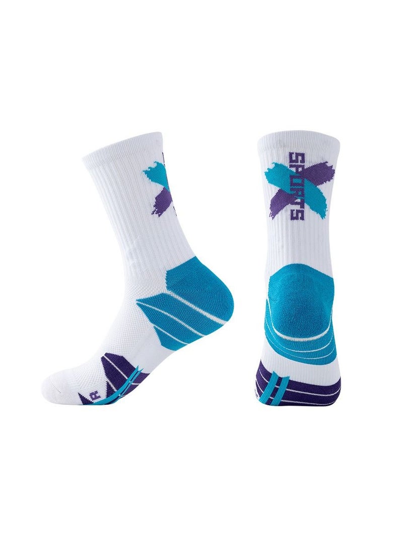 Men Anti Slip Mid Calf Sport Socks White/Blue