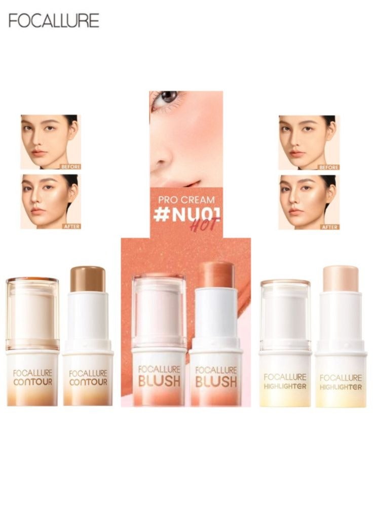 Bronzer Stick Waterproof Long-Lasting Face Makeup Contour Stick #BB01+ Highlighter Stick Natural Brightening Face Contour Concealer Highlighter+ Pro Cream Stick Smooth Multi-use Blush Stick #NU01