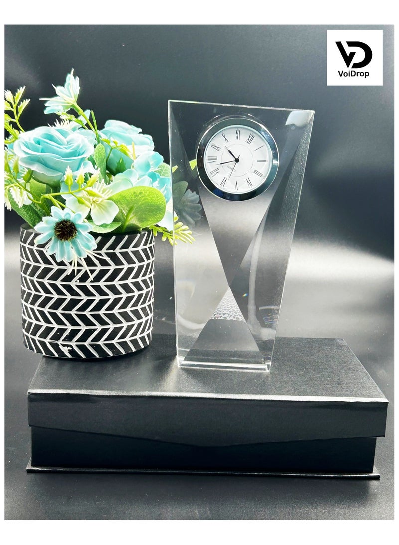 Transparent Mechanical Clock Crystal-Personalized Shelf Timepiece-Table clock- Service Award, Business Promotion and Wedding Present (Crystal Clock Tower Shape(Gold)(HD-65)