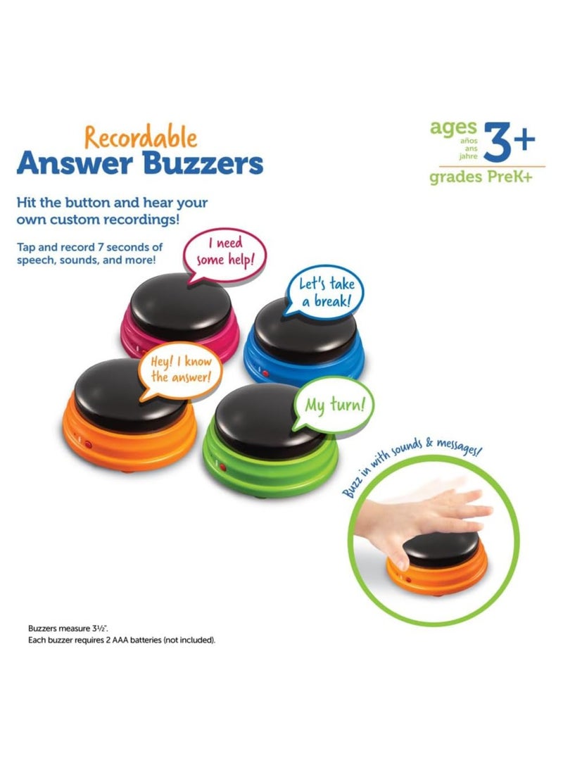 Recordable Answer Buzzers, Personalized Sound Buzzer, Recordable Buttons, Set of 4, Ages 3+