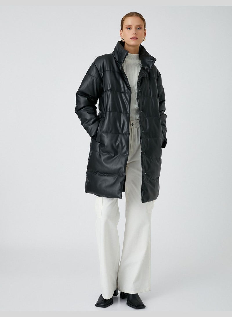 Faux Leather High Neck Puffer Coat