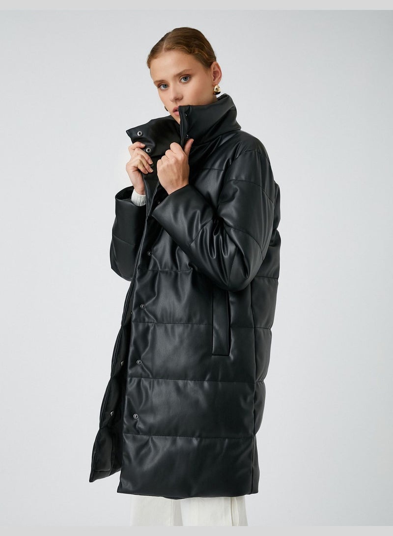 Faux Leather High Neck Puffer Coat