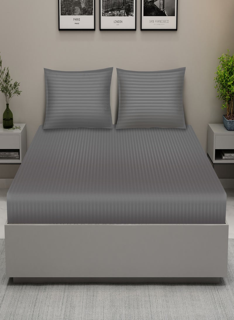 Raymond Home King Flat Sheet Bedsheet 300 Thread Count Luxirious Mercerised 100% Cotton Bedding Solid Pre Shrunk Sateen Stripe Finish Bed Linen with 2 Pillow Case - Grey (274 * 274 CM)