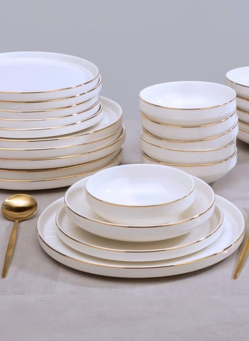 24 Piece Dinner Set for 6 People White Crockery with Gold Rim Scandinavian Porcelain Dinnerware Set - Golden house Pure Gold rim
