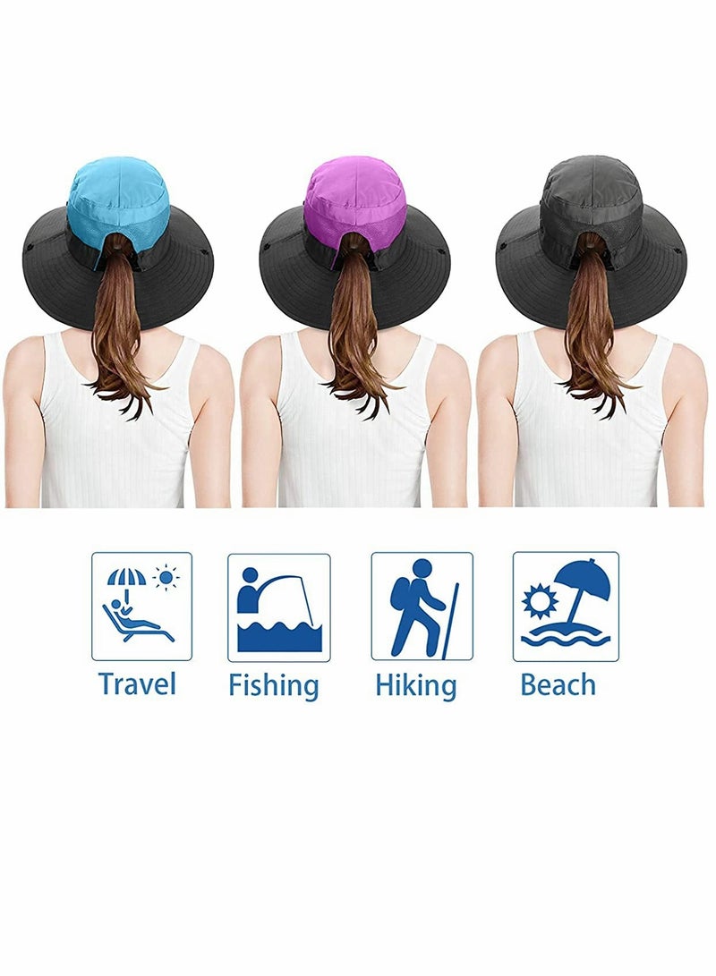 Women's Outdoor Ponytail Wide Brim Sun Hat, Foldable, Wide Mesh, UV Protection Beach Hat, Suitable For Beach Fishing And Hiking (3 PCS)